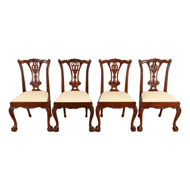 Baker Furniture Style Chippendale Carved Mahogany Dining Chairs, Set of Four For Sale