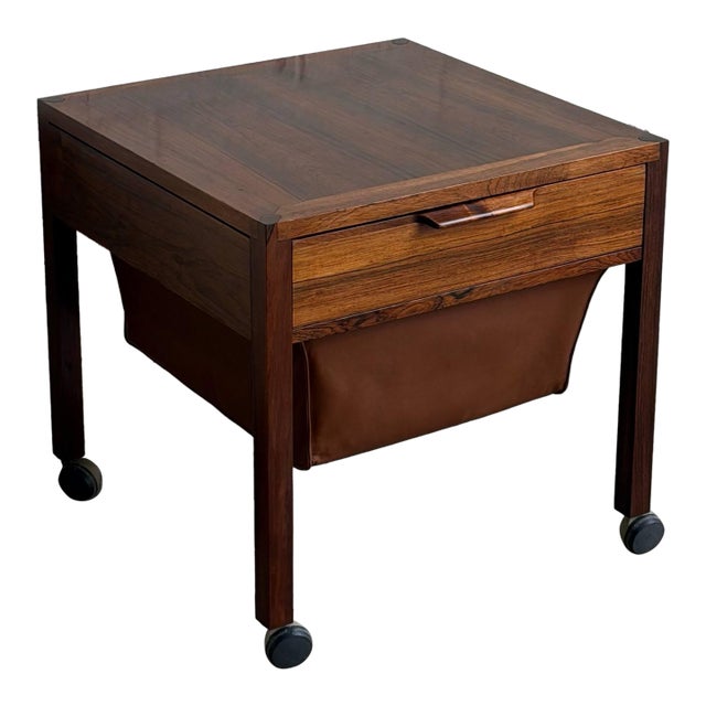 Rosewood Sewing Table Side End Nightstand With Drawer and Rolling Wheels Denmark 1960s For Sale