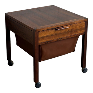 Rosewood Sewing Table Side End Nightstand With Drawer and Rolling Wheels Denmark 1960s
