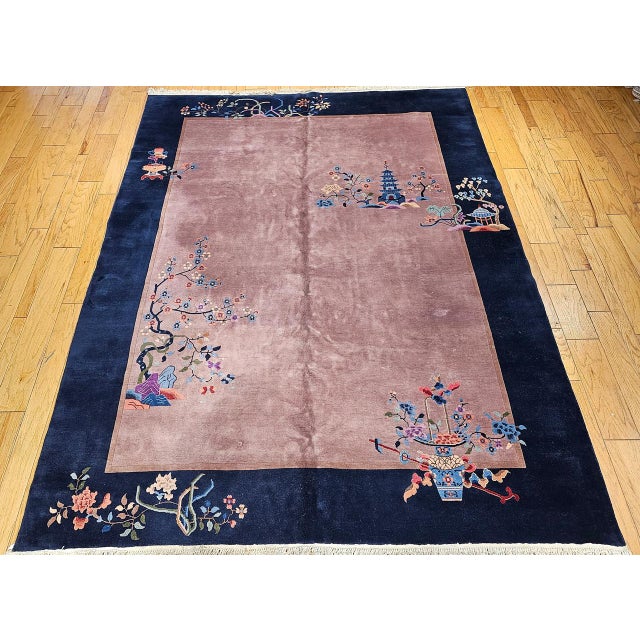 Vintage Hand-Knotted Chinese Art Deco Rug, Wool Pagoda Floral Motif, 9' x 12' For Sale - Image 9 of 17