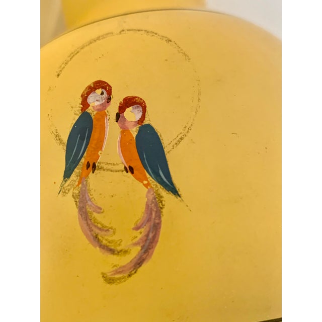 Art Deco Palm Beach Style Vintage Yellow Glass Vase With Two Hand Painted Parrots Adorning the Front Face For Sale - Image 3 of 10