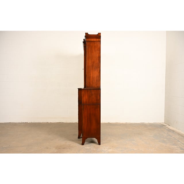 Baker Furniture Style Federal Carved Mahogany Breakfront Bookcase Cabinet With Secretary Desk, Circa 1940s For Sale - Image 14 of 16