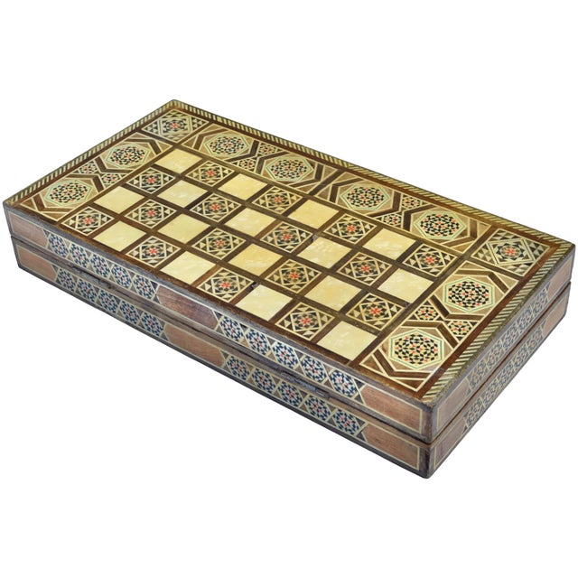 Mid 20th Century Astral-Patterned Mother-of-Pearl Inlaid Damascene Game Box For Sale - Image 4 of 12