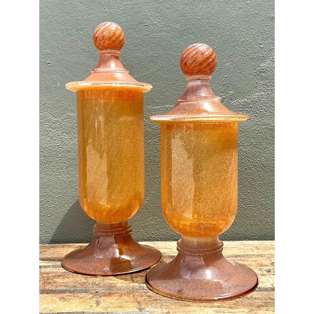 Murano Vintage Murano Vietri Amber Glass Apothecary Jars - Pair For Sale - Image 4 of 12