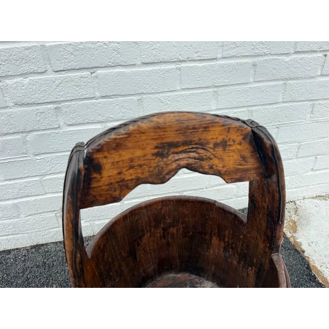 Antique Farmhouse Rustic Style Solid Wood Bucket With Arched Handle For Sale - Image 4 of 15