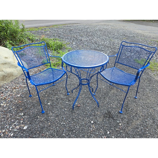Vintage Wrought Iron Patio Set Painted Ford Blue, 3 Pieces For Sale - Image 17 of 18