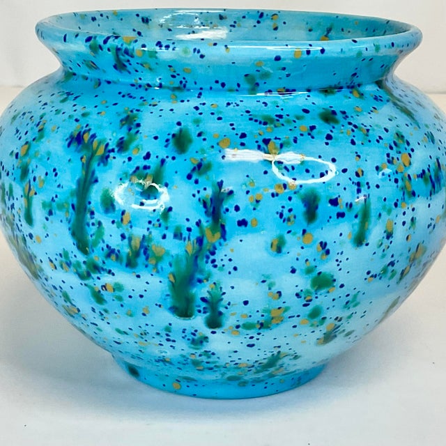 Folk Art Mid-Century Boho Chic Folk Art Ceramic Studio Turquoise Splatter Planter For Sale - Image 3 of 9