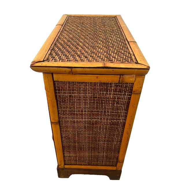 Coastal 1960s Mid Century Nightstand Cabinet Double Doors Drawer Wicker and Bamboo Petite Size For Sale - Image 3 of 10