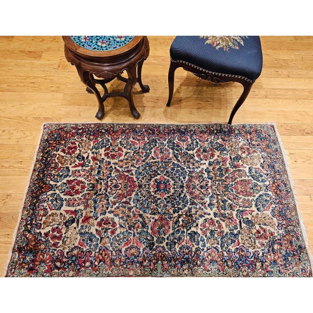 Persian Vintage Persian Kerman Area Rug, Allover Floral Pattern, Handwoven Wool, Ivory & Blue, 3’ X 5’ For Sale - Image 3 of 12