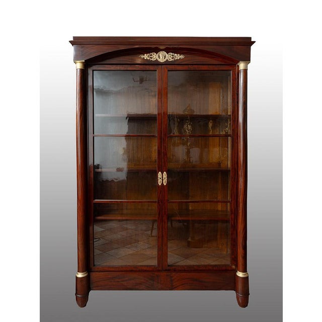 Metal Antique Empire Glass & Mahogany Bookcase with Gilt Bronze Applications. France For Sale - Image 7 of 7