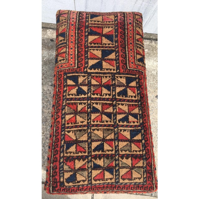Turned Leg Wooden Bench Covered With Antique Belochistan Oriental Prayer Rug For Sale - Image 4 of 13