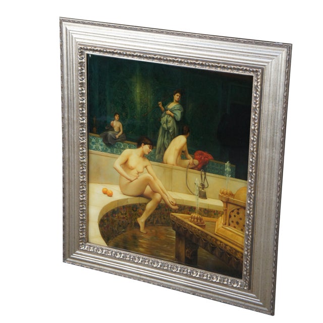 Traditional Mid 20th Century The Harem Bathhouse Nude Hookah Smoking Oil Painting After Jean Leon Gerome 31" For Sale - Image 3 of 12