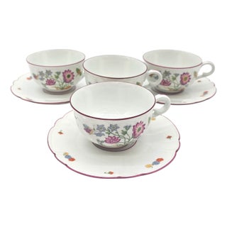 Set of 7 Mma Charles Field Haviland Limoges Tea Cups and Saucers – Meissen Style Floral With Red Rim For Sale