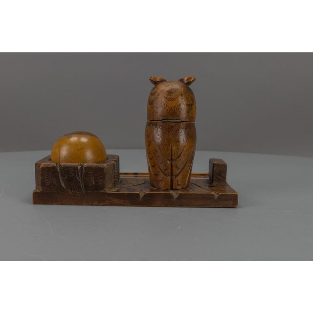 Metal Hand-Carved Wooden Inkwell or Pen Stand with Owl Figure, 1920s For Sale - Image 7 of 18
