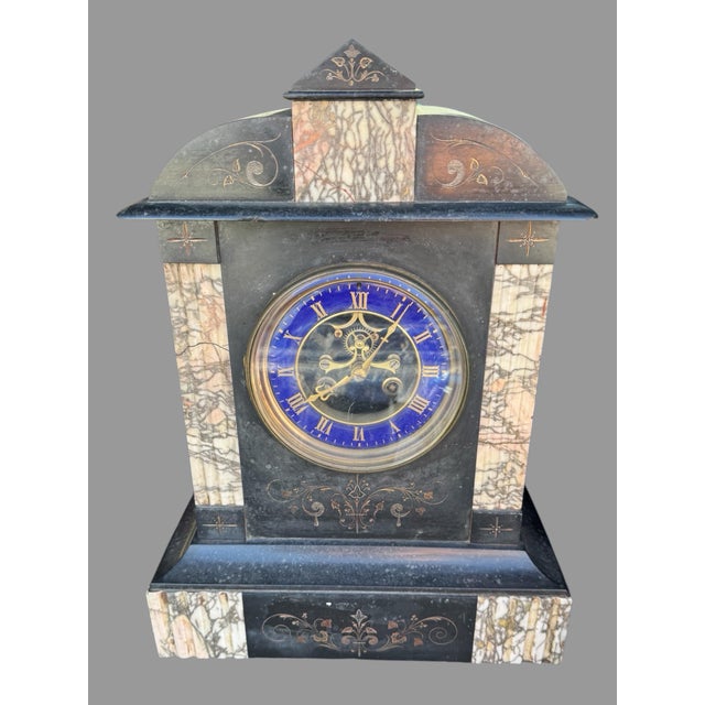 Antique 19th C Black Marble Mantel Clock Blue Dial Open Escapement 16” For Sale - Image 9 of 10