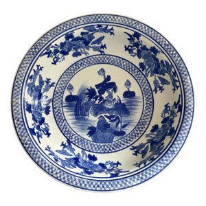 Late 20th Century Chinoiserie Blue and White Porcelain Large Decorative Bowl