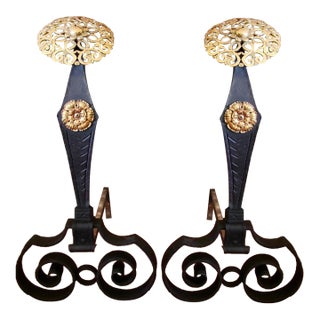 Large Arts and Crafts Wrought Iron Andirons With Brass Medallion Tops For Sale