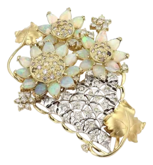 Fancy Diamond & Opal 18k Gold Floral Vase Pendant Brooch