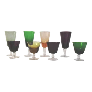 Vintage Multicolor Jewel Tone Blown Glass Liquor Glasses, S/8