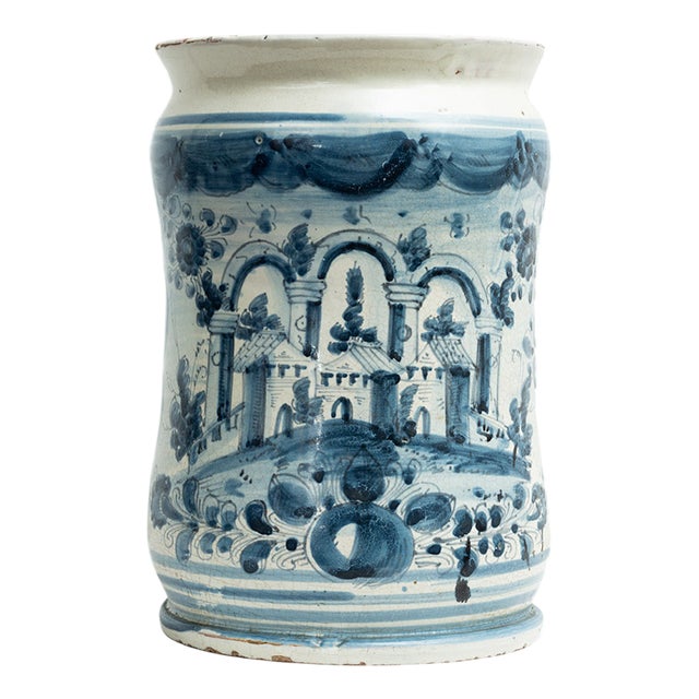 Antique Glazed Majolica Jar Depicting a Landscape with Ruins, Naples, 18th Century For Sale