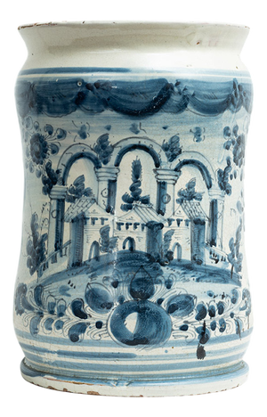 Antique Glazed Majolica Jar Depicting a Landscape with Ruins, Naples, 18th Century