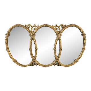 Vintage Triple Oval Ornate Gold Wall Mirror Hollywood Regency Attributed to Bassett Ornate Gilding For Sale