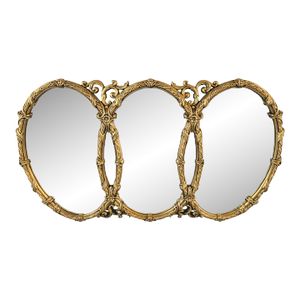 Vintage Triple Oval Ornate Gold Wall Mirror Hollywood Regency Attributed to Bassett Ornate Gilding