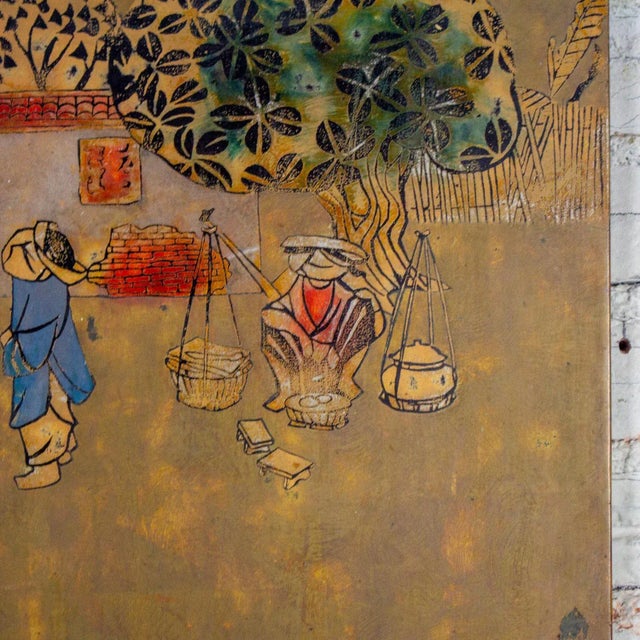Mid to Late 20th Century Vietnamese Layered Lacquer Painting Gilt & Polychrome on Wood Village Scene Signed by Nguyen Van Minh For Sale - Image 13 of 18
