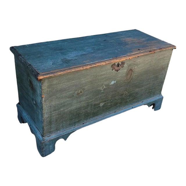 19th Century Original Blue Painted Blanket Chest For Sale