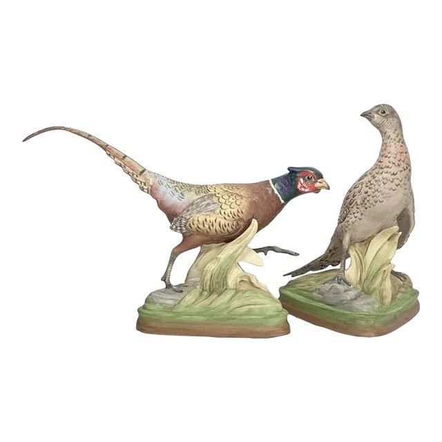 Pair of 1950s Boehm Male & Female Ring-Necked Pheasant Porcelain Birds - Set of 2 For Sale