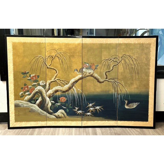 Japanese Vintage Japanese Four Panel Byobu Screen: Mandarin Ducks by Snowy Pond in Early Spring For Sale - Image 3 of 12
