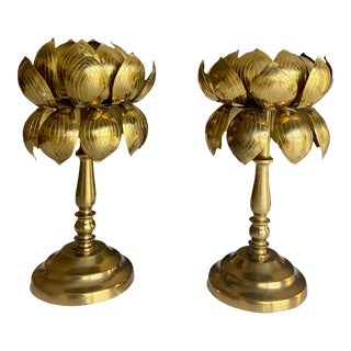 Pair Brass Lotus Flower Candleholders Feldman For Sale