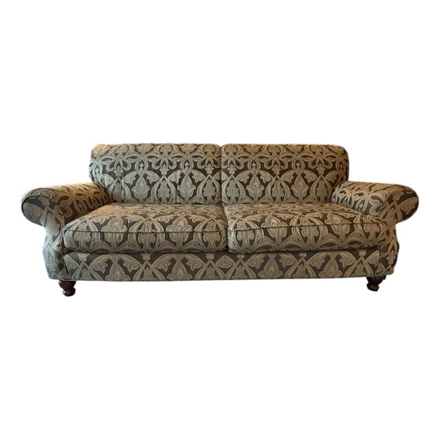 English Roll Arm Damask Sofa For Sale
