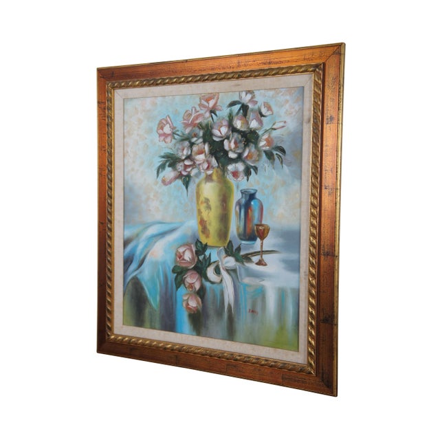 Photorealism Mid 20th Century Vintage B. Barry Floral Vase of Roses Still Life Oil Painting on Canvas For Sale - Image 3 of 13