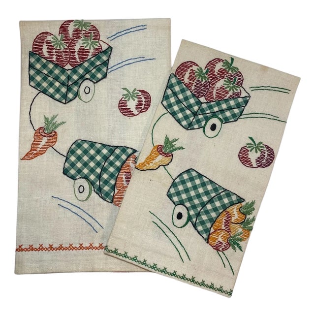 Vintage Linen Tea Towels Set: 1950s Appliqué Veggie Carts, Hand Embroidered - a Pair For Sale