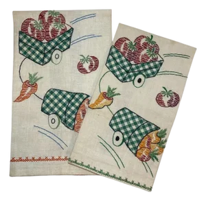 Vintage Linen Tea Towels Set: 1950s Appliqué Veggie Carts, Hand Embroidered - a Pair