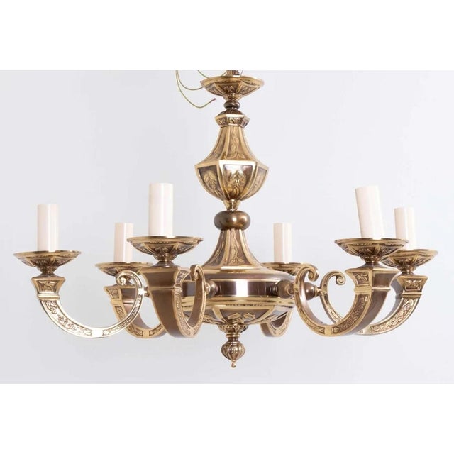 Art Nouveau 1970s Art Nouveau European Six Arm Cast Brass Chandelier For Sale - Image 3 of 9