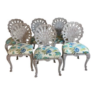 1970s Set of 6 Hollywood Regency Cast Iron Shell Grotto Patio Dining Chairs by Pulaski For Sale