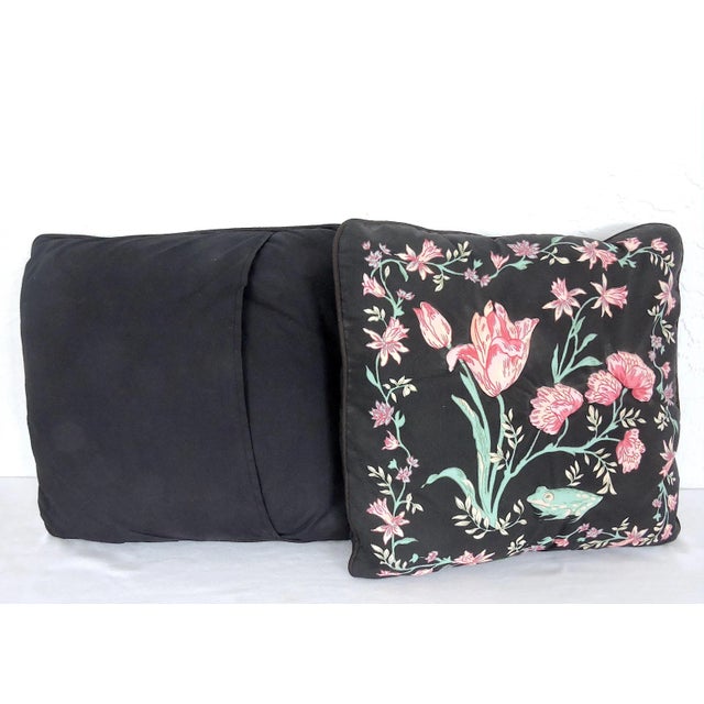Late 20th Century English Country Cottage Black Pillows (Cushions) With Raised Pink Tulips and Roses - A Pair For Sale - Image 5 of 6