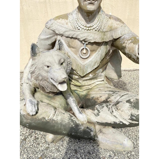 Late 20th Century Vintage Life Size Native American Indian Fiberglass Seated Chief and Wolf Statue For Sale - Image 5 of 12
