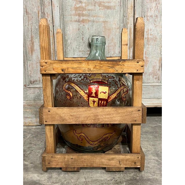 Transparent Hand Painted Antique Demi John Bottle From Normandy, France, ‘Pinot Noir’, Original Crate For Sale - Image 8 of 11