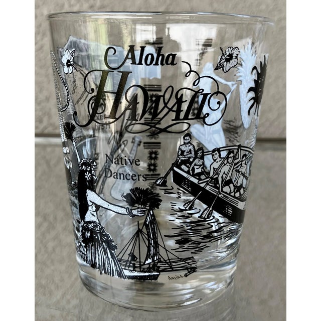 Transparent Circa 1980 “Aloha Hawaii”-Themed Lowball Glasses Attributed to Federal Glass – Set of 4 For Sale - Image 8 of 18