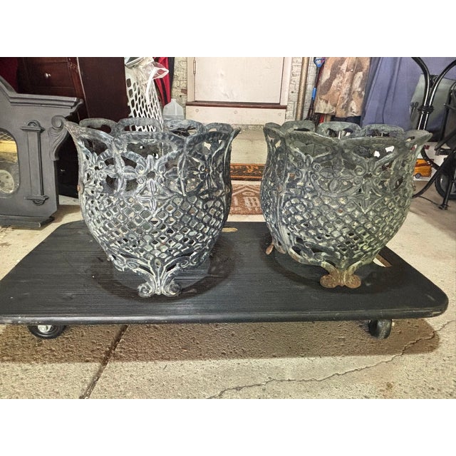 Matching Pair of Antique Victorian Cast Iron Reticulated/Lacework Planters For Sale - Image 4 of 18