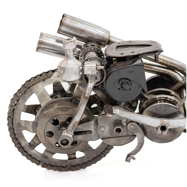 Metal New Handcrafted Recycled Metal Motorbike Sculpture | 37" X 23" | One of a Kind For Sale - Image 7 of 10