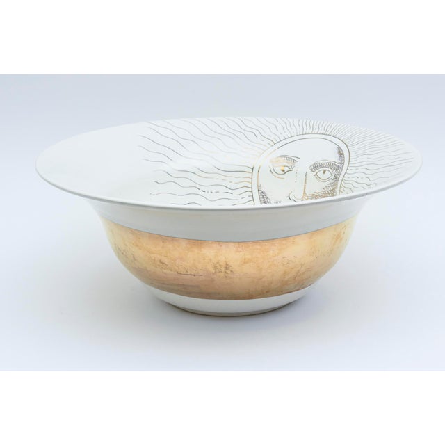 Contemporary 1990's Signed Large Artisan Ceramic Bowl With Gold Band and Sun Face Fornasetti Style For Sale - Image 3 of 11