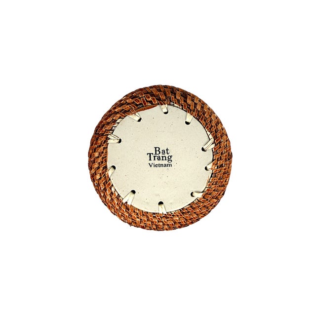 Asian Modern Bat Trang Vietnamese Rattan & Ceramic Coasters With Hand Painted Floral Motif - Set of 6 For Sale - Image 4 of 9
