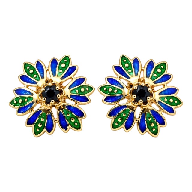 Vintage 14k Yellow Gold Blue Sapphire & Blue/Green Enamel Flower Earrings, Pair For Sale