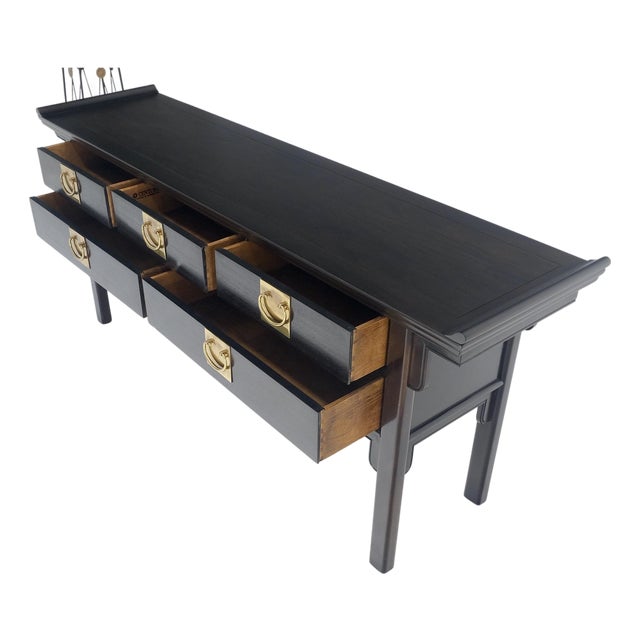 Black Lacquer Asian Inspired Horse Shoe Handles 5 Drawers Rolled Edges Sideboard For Sale