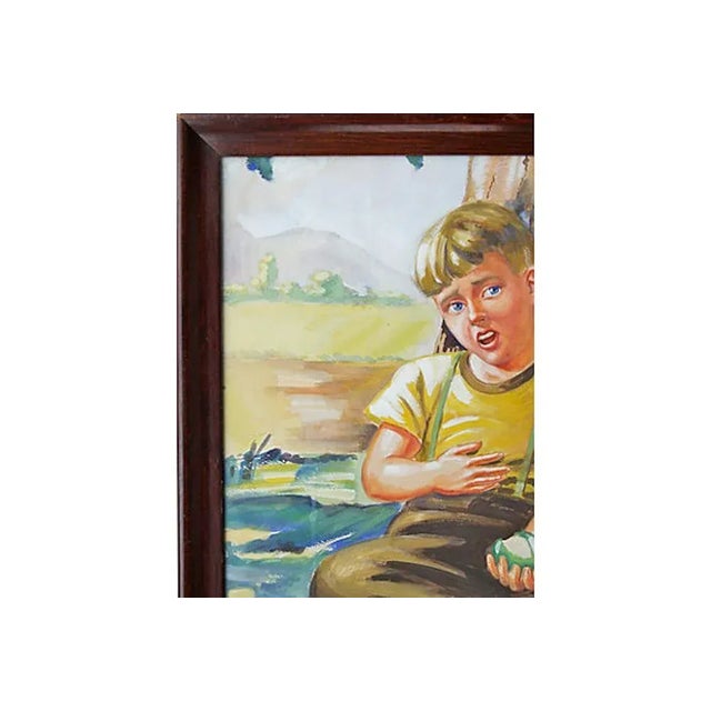 Circa 1940s watercolor on paper in original frame of boy eating green apples from Erie, PA. No signature, label on back...
