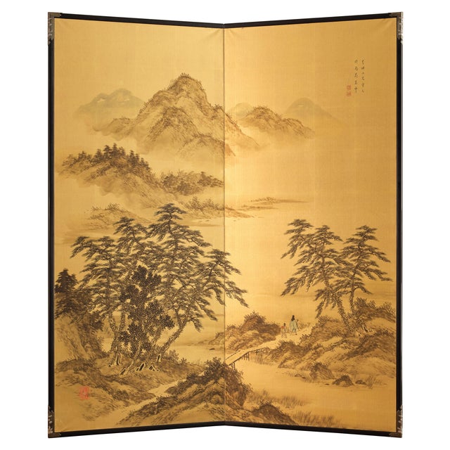 Japanese Two Panel Screen: Rural Mountain Landscape For Sale - Image 13 of 13